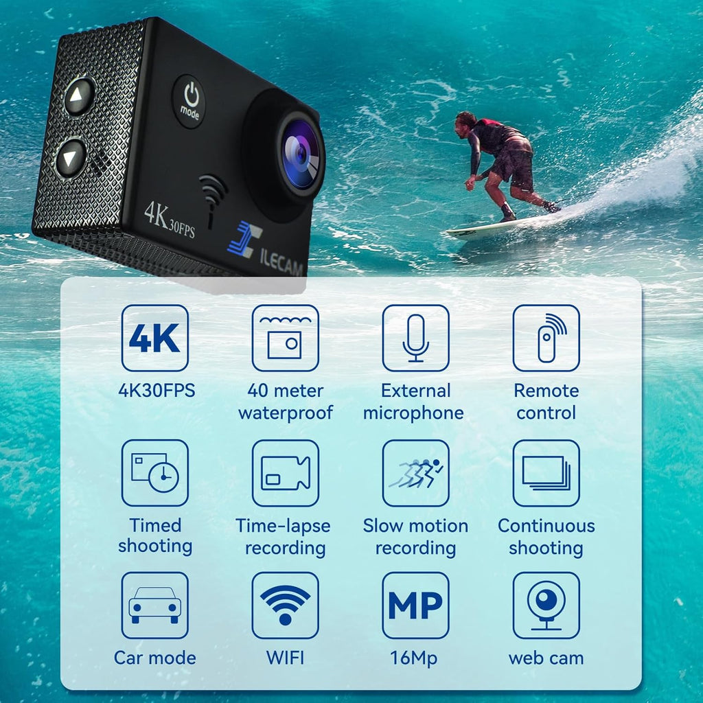 Xilecam Action Camera 4K WiFi/ 2.4 G Remote Control