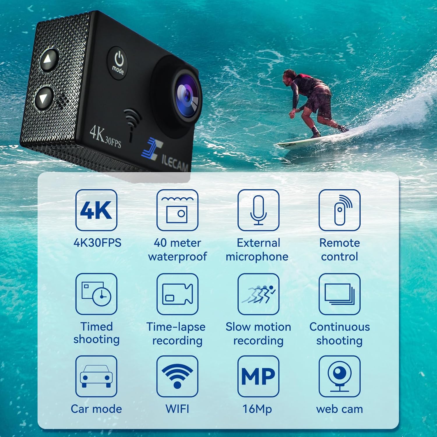 Xilecam Action Camera 4K WiFi/ 2.4 G Remote Control
